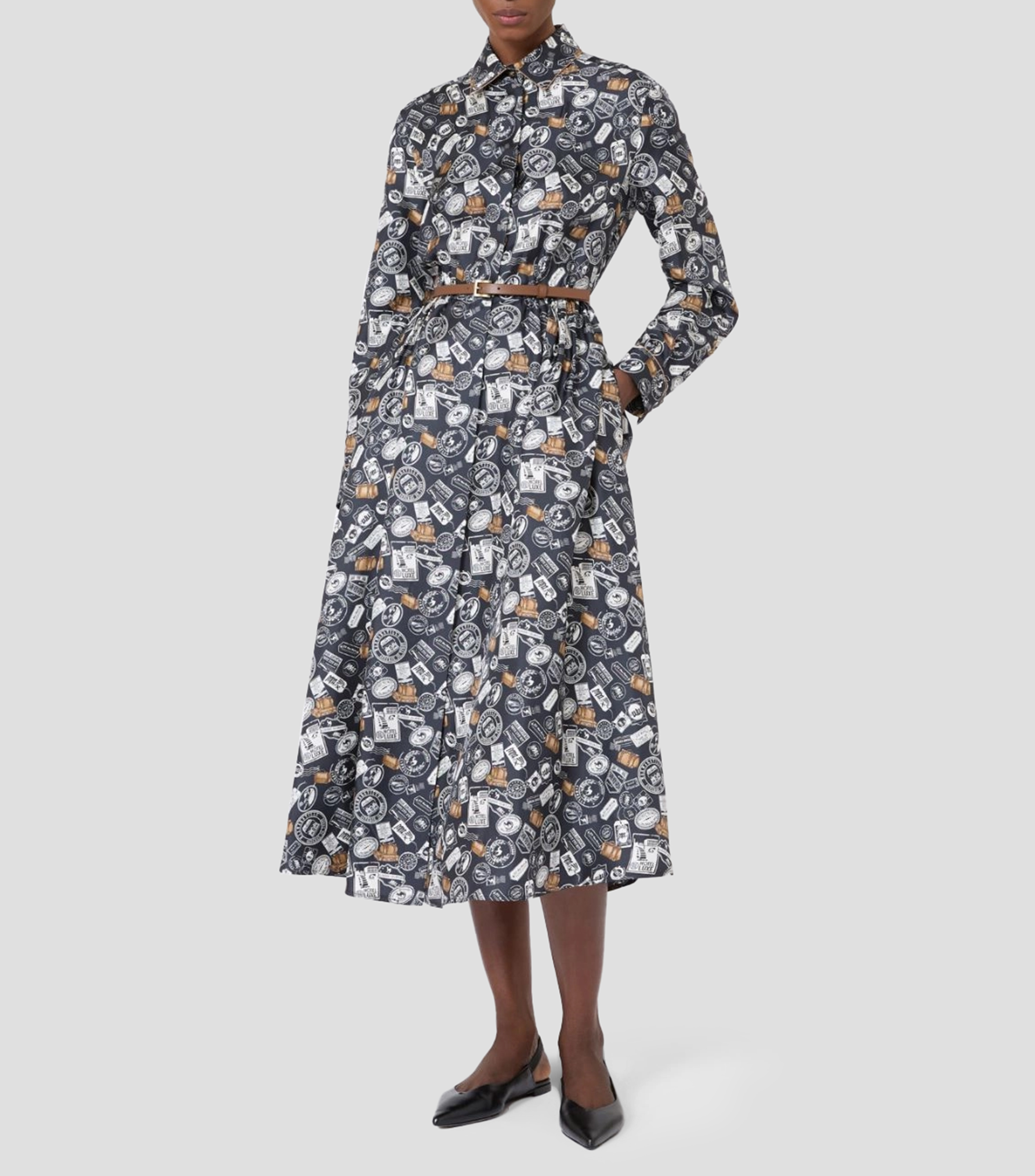 Vestido camisero midi con manga larga estampado Mujer